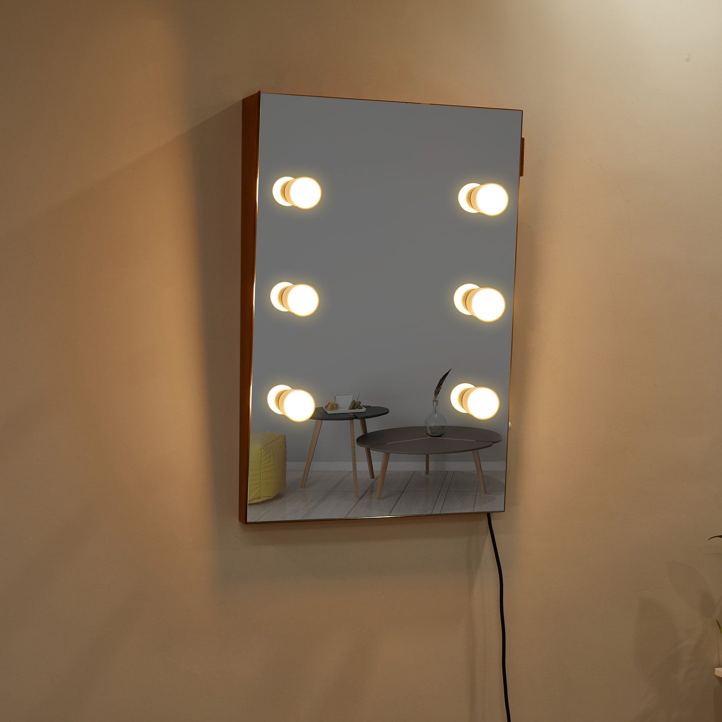 Wooden Wall Vanity Mirror Makeup Mirror Dressing Mirror with LED Bulbs