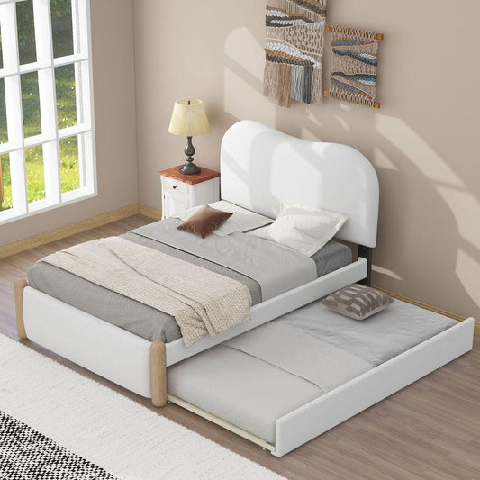 Twin Size Upholstered Platform Bed with Wood Supporting Feet and Twin Size Trundle, White