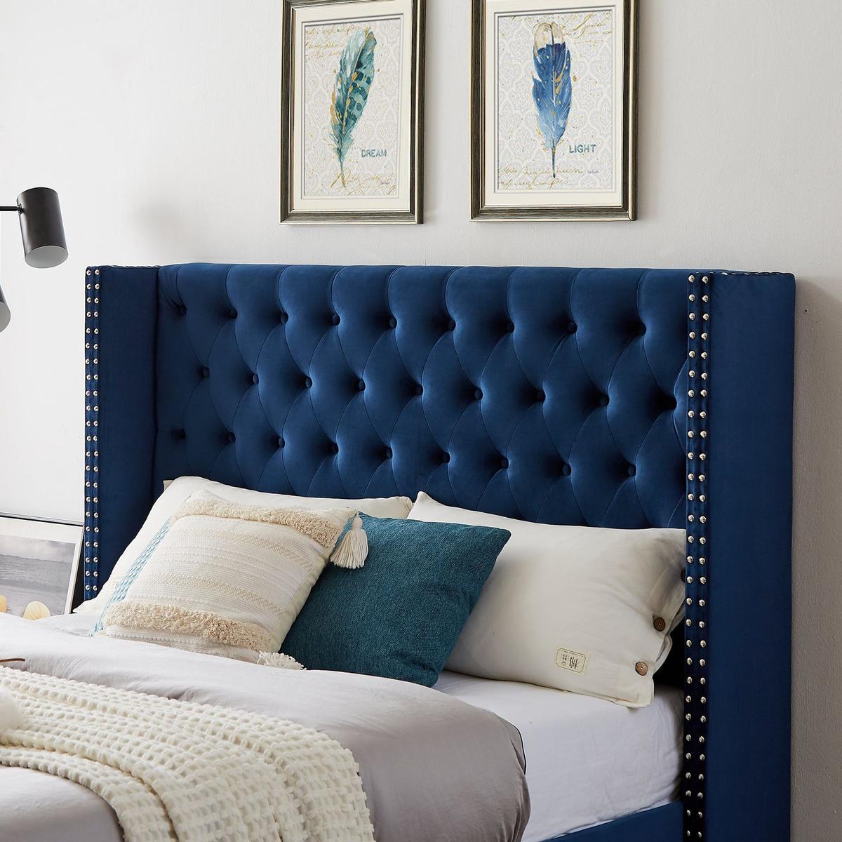 Queen bed, Button designed Headboard, strong wooden slats + metal legs with Electroplate