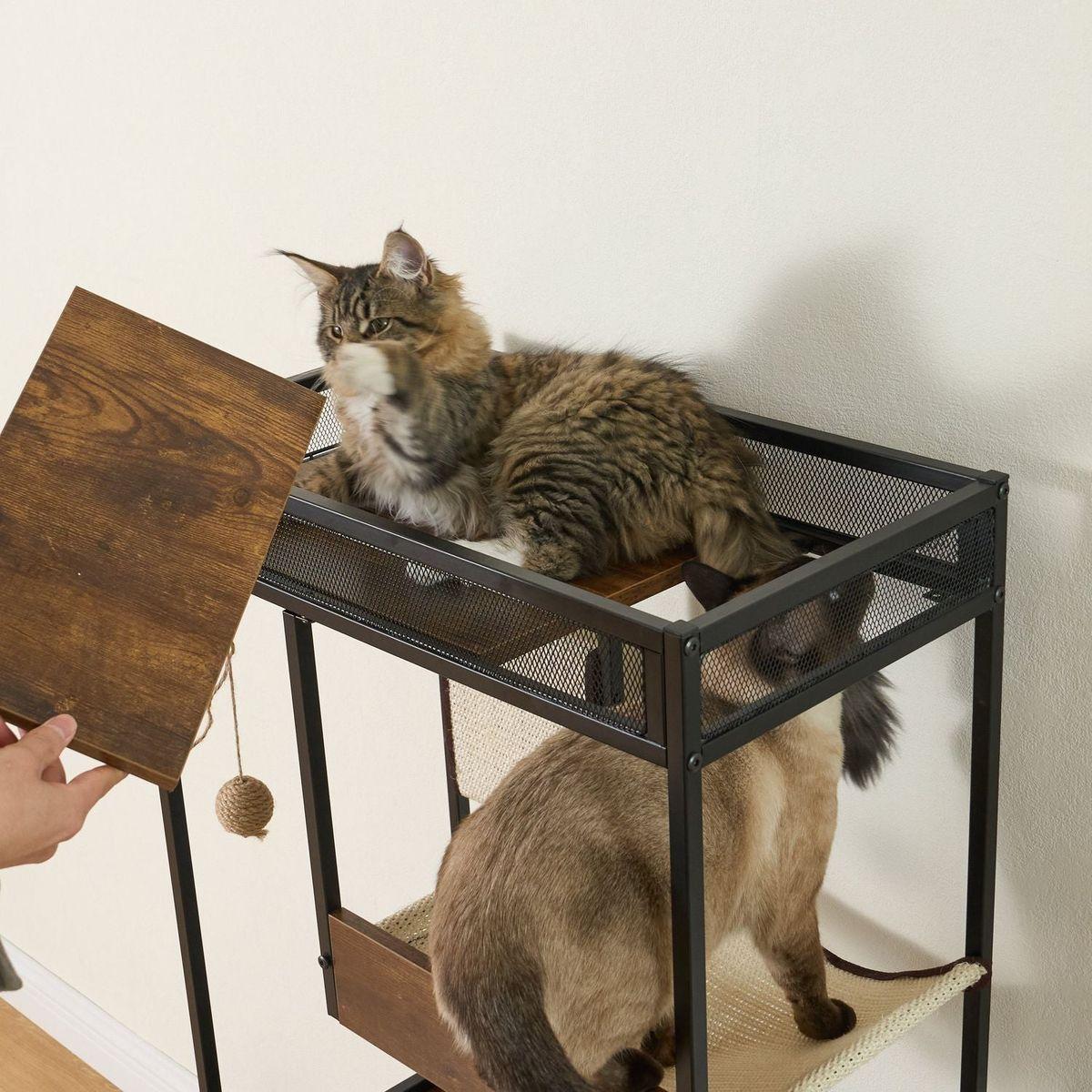 Hidden Cat Litter Box Enclosures with Cat Tree Tower, Cat Furniture with Scratching Pads and Large Storage Space, Industrial Cat Cabinet with Shelves and Doors, Rustic Brown