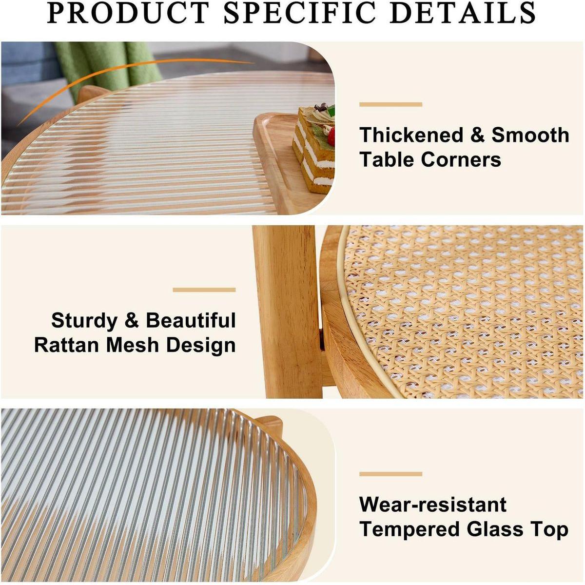 Modern simple circular double-layer solid wood tea table rattan woven Chinese side table small round table suitable for living room, dining room and bedroom