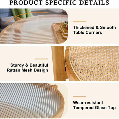 Modern simple circular double-layer solid wood tea table rattan woven Chinese side table small round table suitable for living room, dining room and bedroom