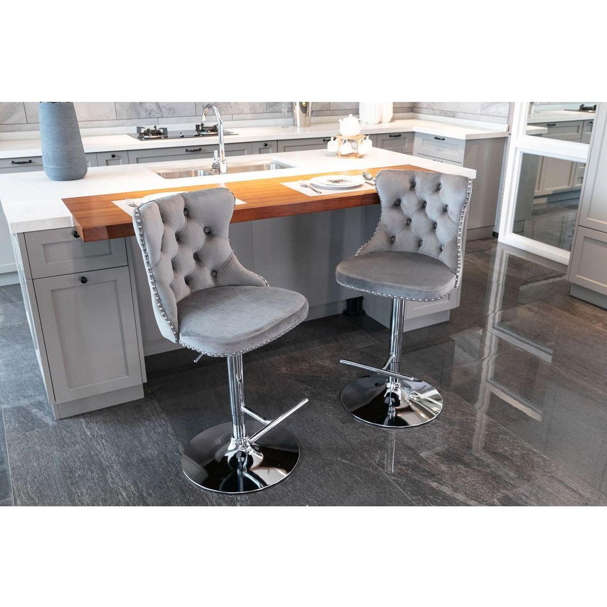 Swivel Velvet Barstools Adjusatble Seat Height from 25-33 Inch, Modern Upholstered Chrome base Bar Stools with Backs Comfortable Tufted for Home Pub and Kitchen IslandGray, Set of 2)