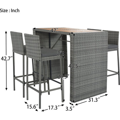 GO 5-pieces Outdoor Patio Wicker Bar Set, Bar Height Chairs With Non-Slip Feet And Fixed Rope, Removable Cushion, Acacia Wood Table Top, Brown Wood And Gray Wicker