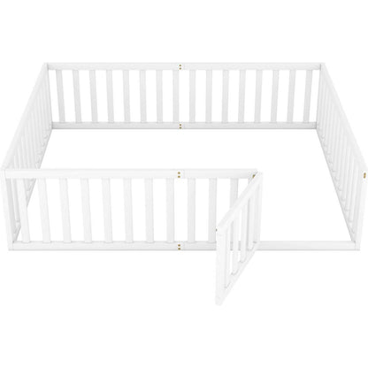 Queen Size Wood Floor Bed Frame with Fence and Door, White