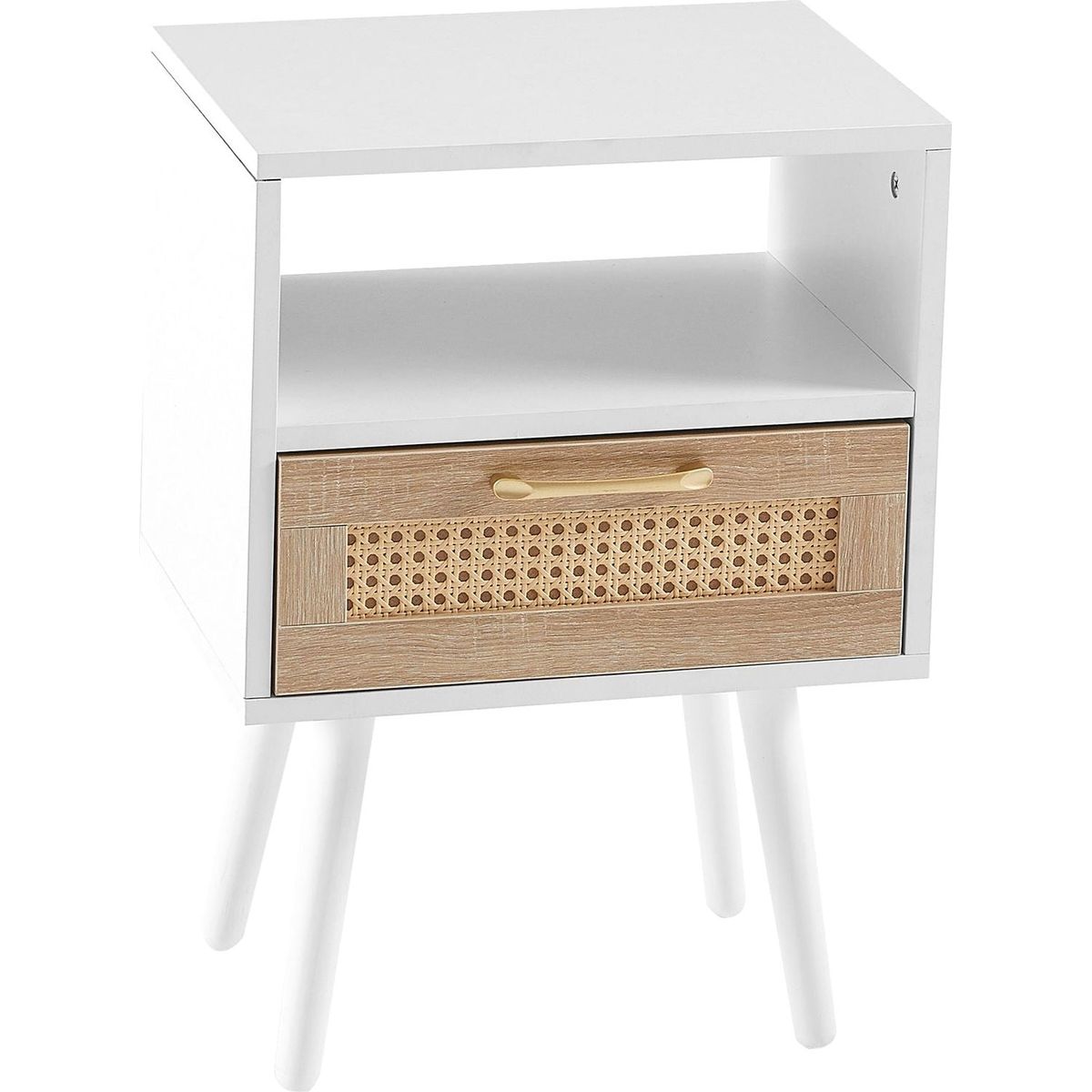 15.75" Rattan End table with drawer and solid wood legs, Modern nightstand, side table for living roon, bedroom, white