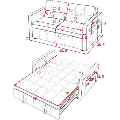 Modern 55.5" Pull Out Sleep Sofa Bed 2 Seater Loveseats Sofa Couch with side pockets, Adjustable Backrest and Lumbar Pillows for Apartment Office Living Room