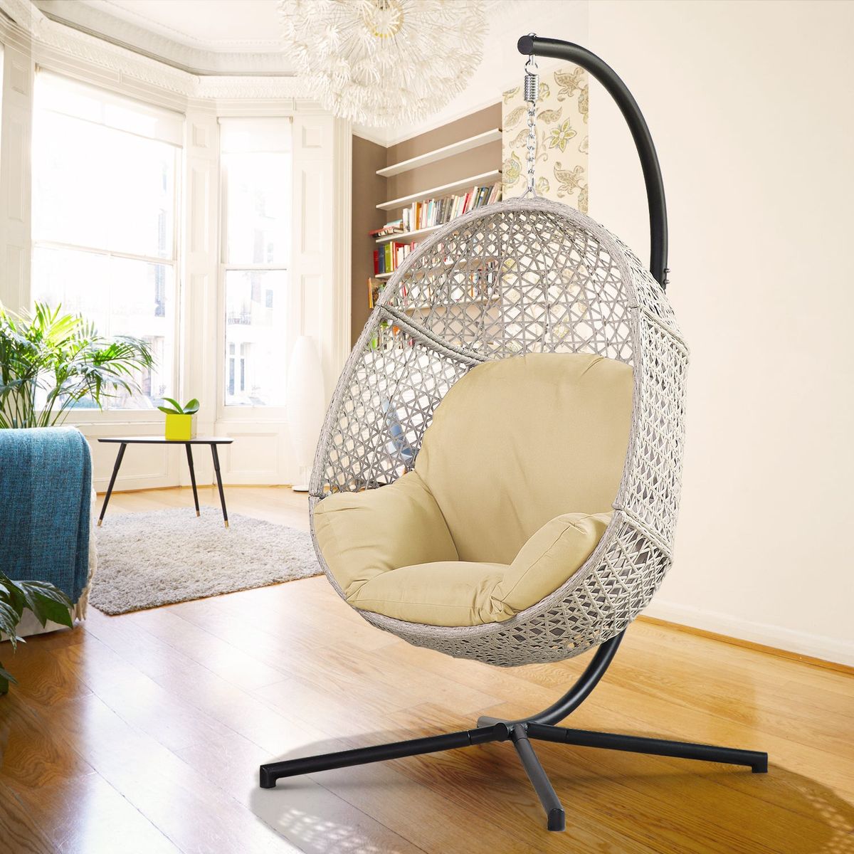 Large Hanging Egg Chair with Stand & UV Resistant Cushion Hammock Chairs with C-Stand for Outdoor Indoor Space