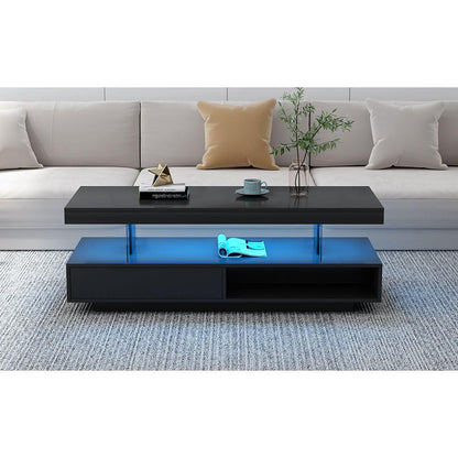 LED Coffee Table with Storage, Modern Center Table with 2 Drawers and Display Shelves, Accent Furniture with LED Lights for Living Room,Black