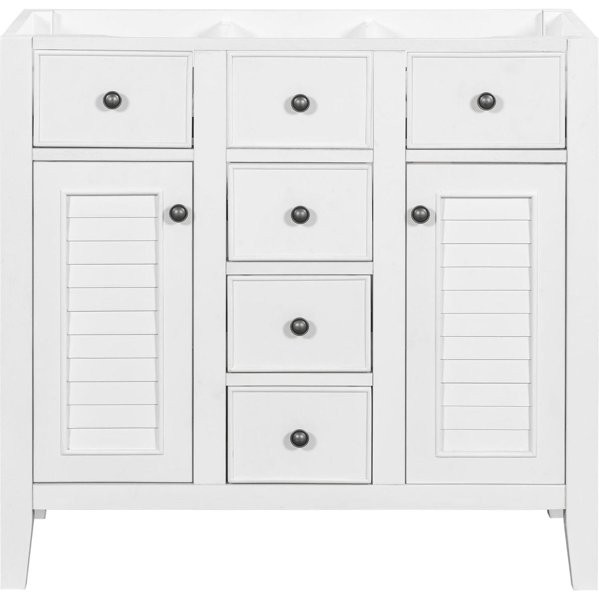 36" Bathroom Vanity without Sink, Cabinet Base Only, Two Cabinets and Five Drawers, Solid Wood Frame, White