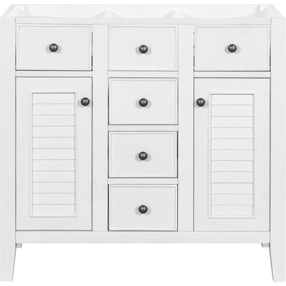 36" Bathroom Vanity without Sink, Cabinet Base Only, Two Cabinets and Five Drawers, Solid Wood Frame, White