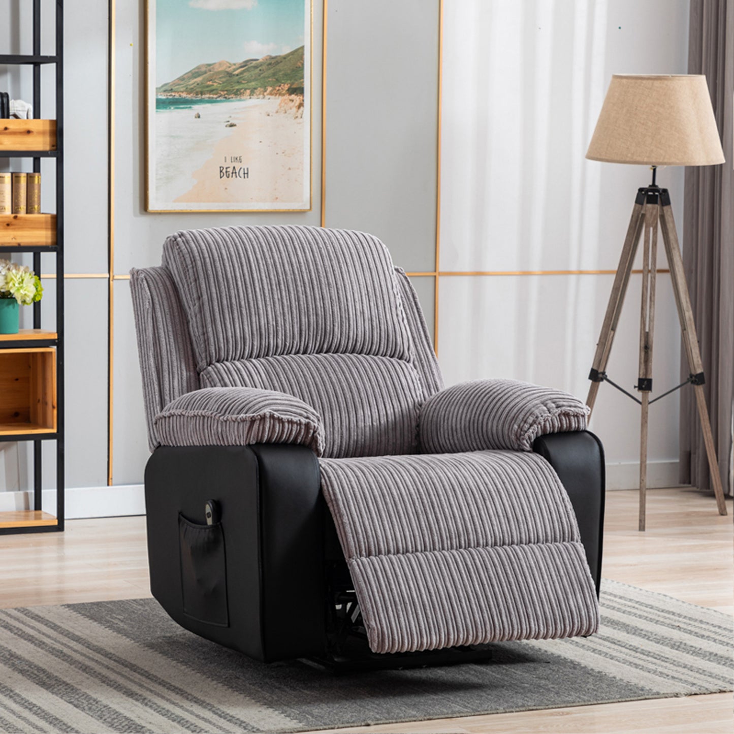 Grey Fabric Recliner Chair Theater Single Recliner Thick Seat and Backrest, suitable for living room, side bags Electric sofa chair, electric remote control.The angle can adjust freely