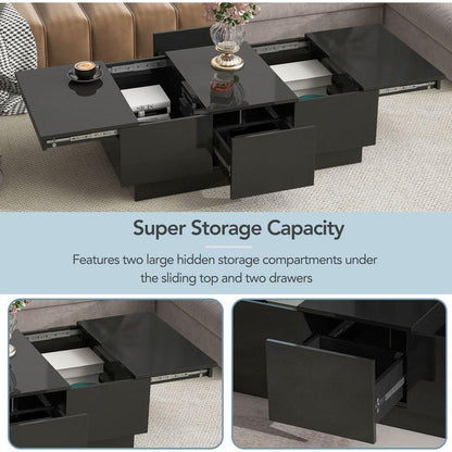 Multifunctional Coffee Table with 2 large Hidden Storage Compartment, Extendable Cocktail Table with 2 Drawers, High-gloss Center Table with Sliding Top for Living Room, 39.3"x21.6", Black