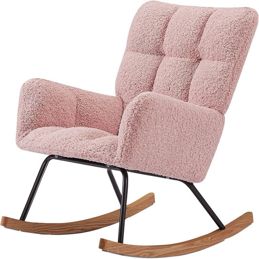 Rocking Chair, Leisure Sofa Glider Chair, Comfy Upholstered Lounge Chair with High Backrest, for Nursing Baby, Reading, Napping PINK