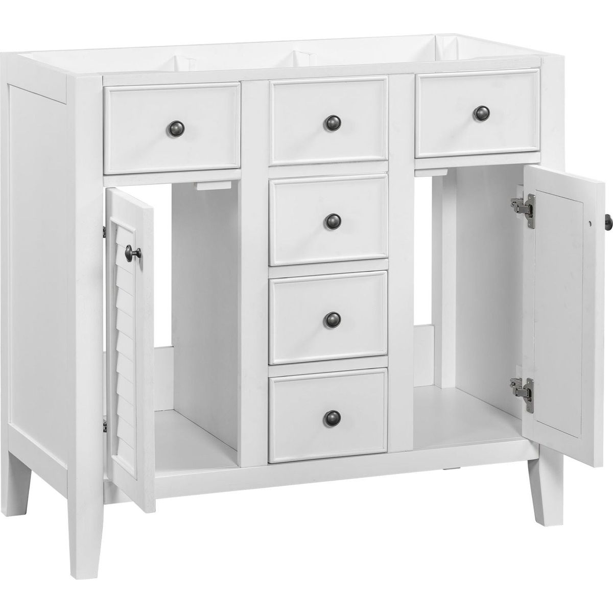 36" Bathroom Vanity without Sink, Cabinet Base Only, Two Cabinets and Five Drawers, Solid Wood Frame, White