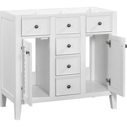 36" Bathroom Vanity without Sink, Cabinet Base Only, Two Cabinets and Five Drawers, Solid Wood Frame, White