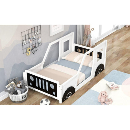 Twin Size Classic Car-Shaped Platform Bed with Wheels, White - Streamdale Furniture