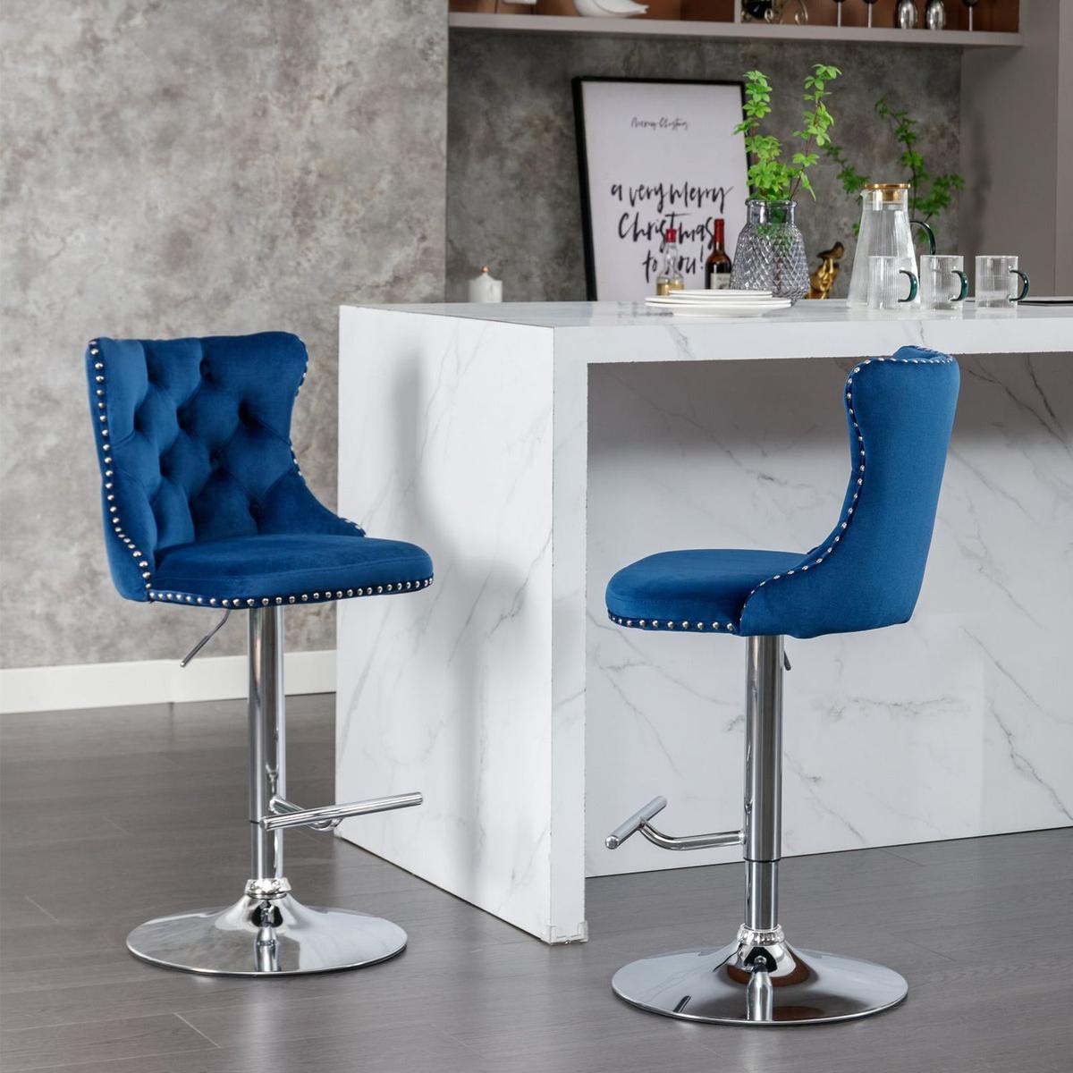 Swivel Velvet Barstools Adjusatble Seat Height from 25-33 Inch, Modern Upholstered Chrome base Bar Stools with Backs Comfortable Tufted for Home Pub and Kitchen Islandlue, Set of 2) - Streamdale Furniture