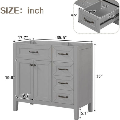 36" Bathroom Vanity without Sink, Cabinet Base Only, Bathroom Cabinet with Drawers, Solid Frame and MDF Board, Grey