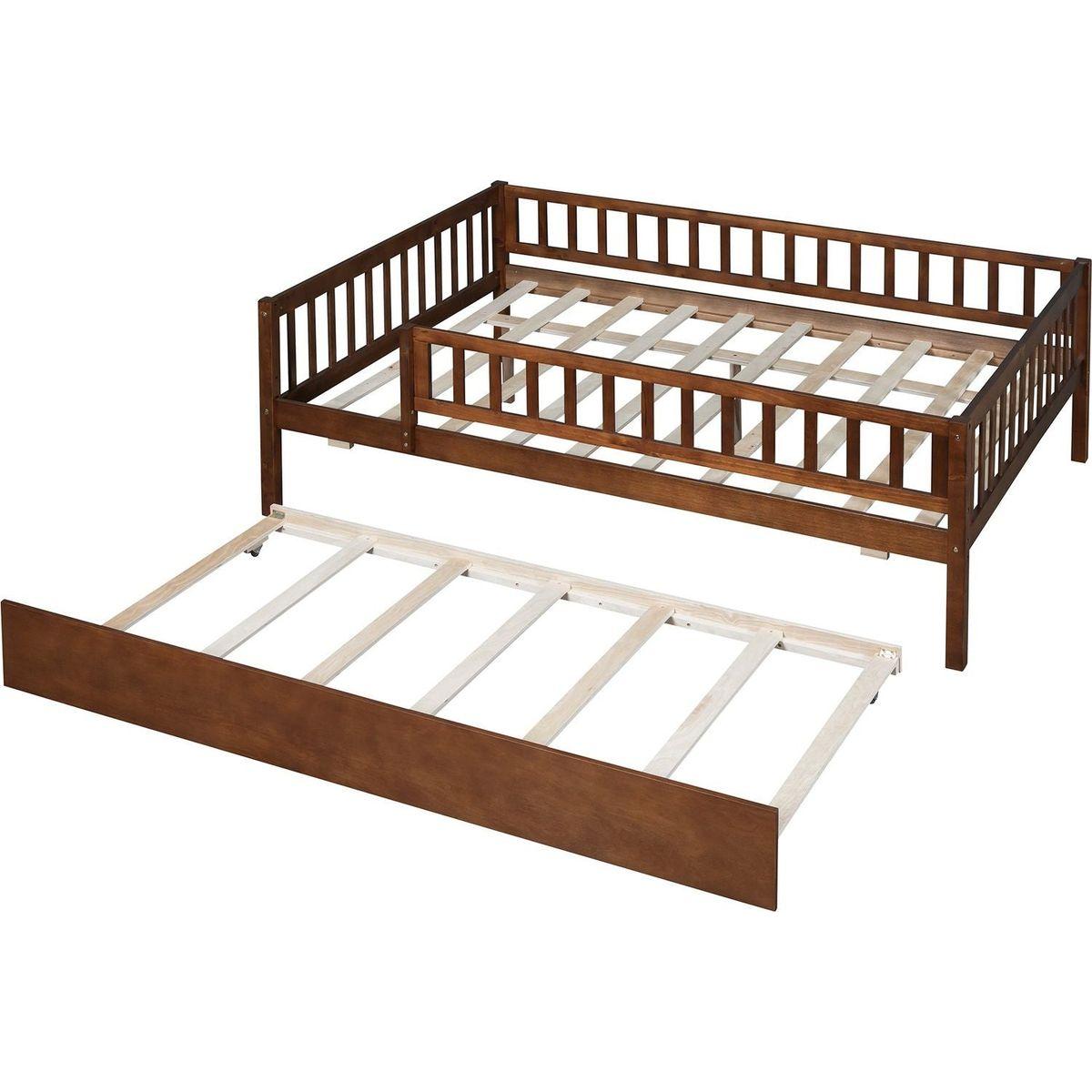 Full Size Wood Daybed with Trundle and Fence Guardrails, Walnut
