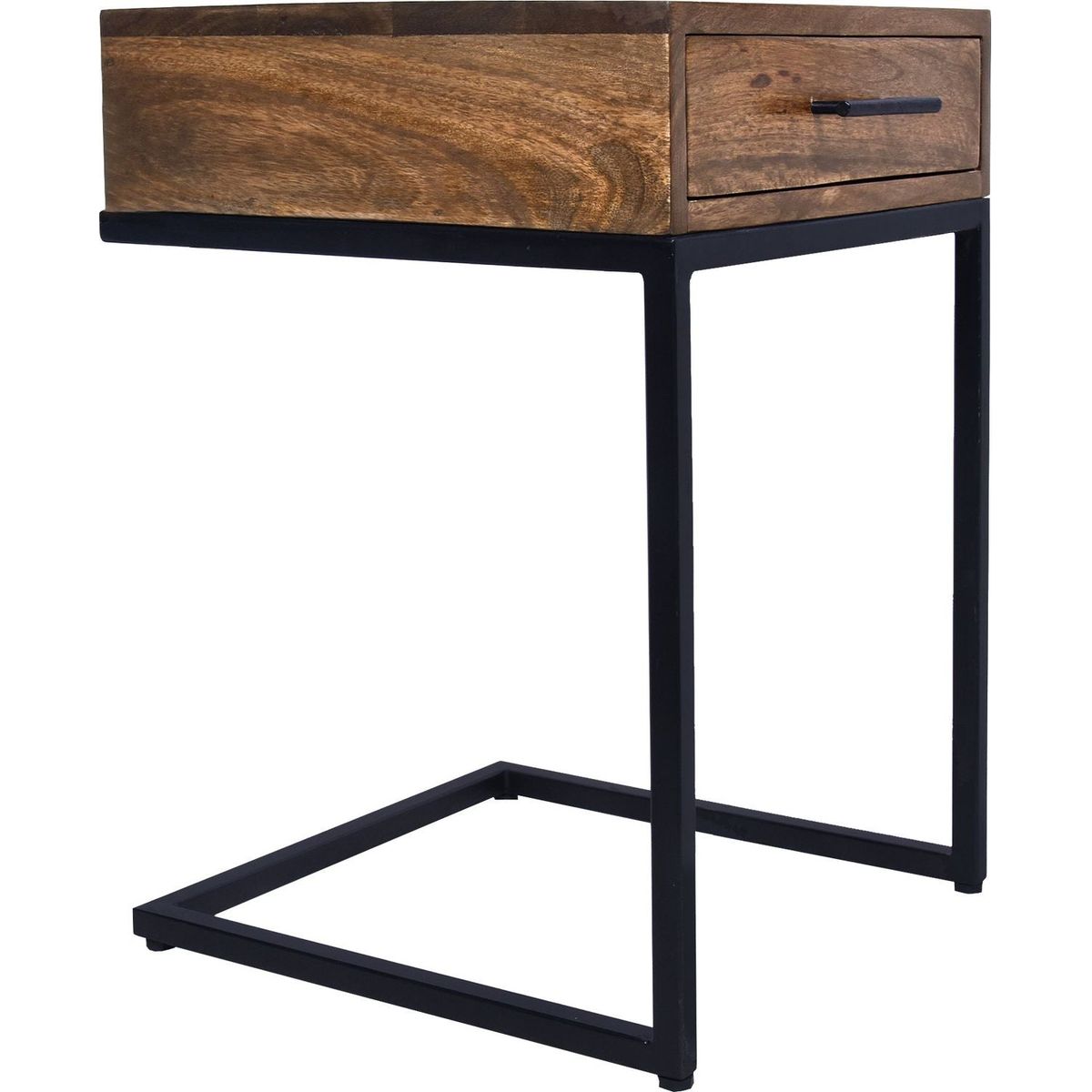 Mango Wood Side Table with Drawer and Cantilever Iron Base, Brown and Black