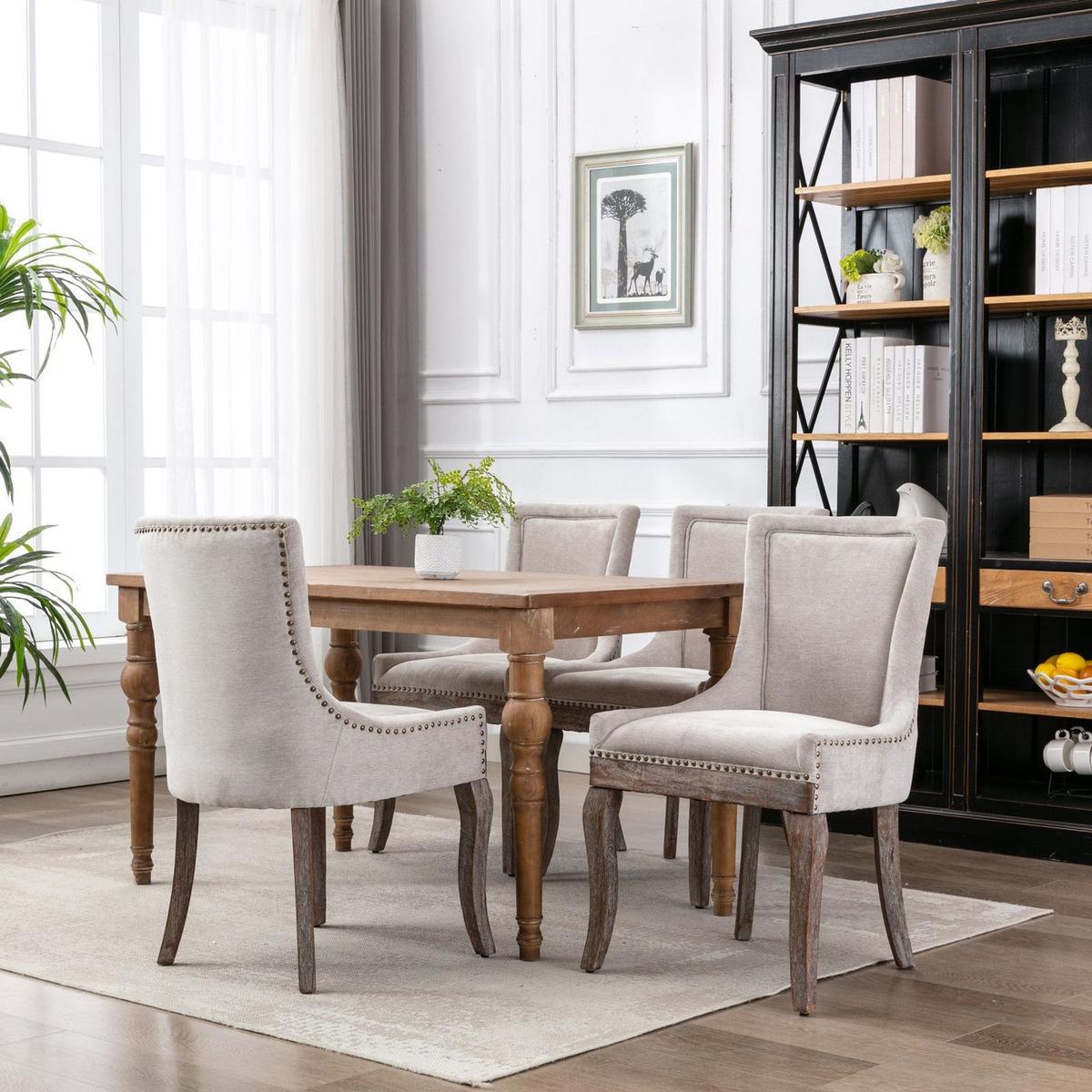 Ultra Side Dining Chairhickened fabric chairs with neutrally toned solid wood legsBronze nail headet of 2eige