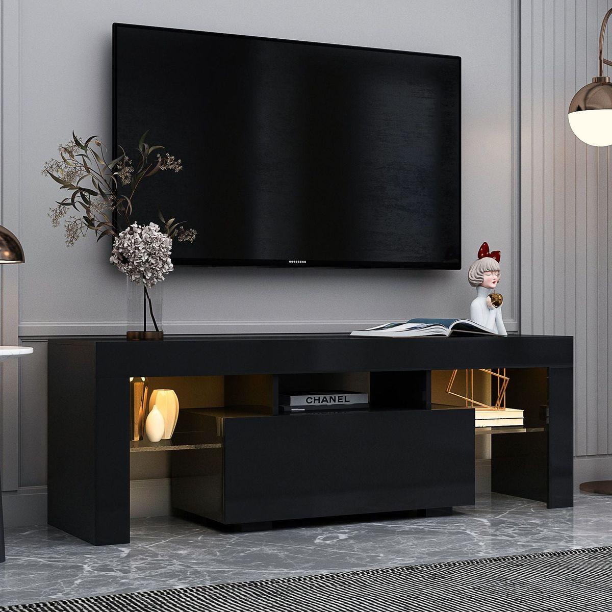 Black TV Stand with LED RGB Lights, Flat Screen TV Cabinet, Gaming Consoles - in Lounge Room, Living Room and Bedroom (Black)