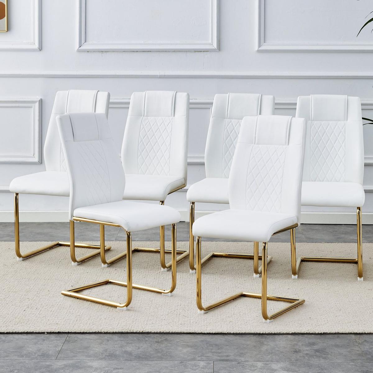 Modern dining chairs, dining room chairs, and golden leg cushioned chairs made of artificial leather, suitable for kitchens, living rooms, bedrooms, and offices. Set of 6 pieces (white+PU)