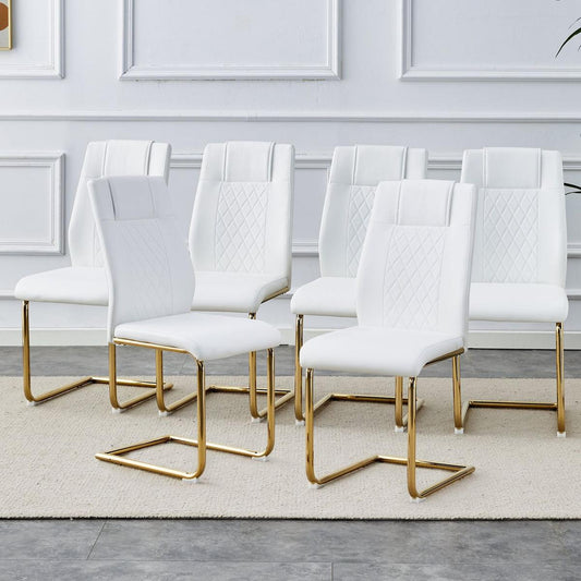 Modern dining chairs, dining room chairs, and golden leg cushioned chairs made of artificial leather, suitable for kitchens, living rooms, bedrooms, and offices. Set of 6 pieces (white+PU)