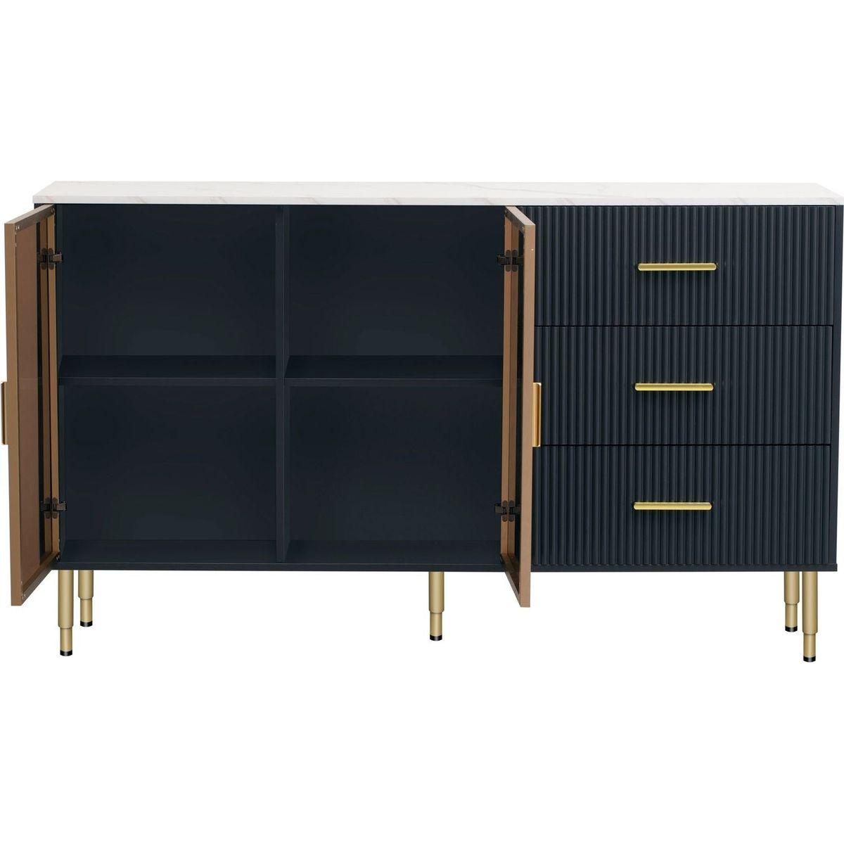 Modern Sideboard MDF Buffet Cabinet Marble Sticker Tabletop and Amber-yellow Tempered Glass Doors with Gold Metal Legs & Handles (Navy Blue)