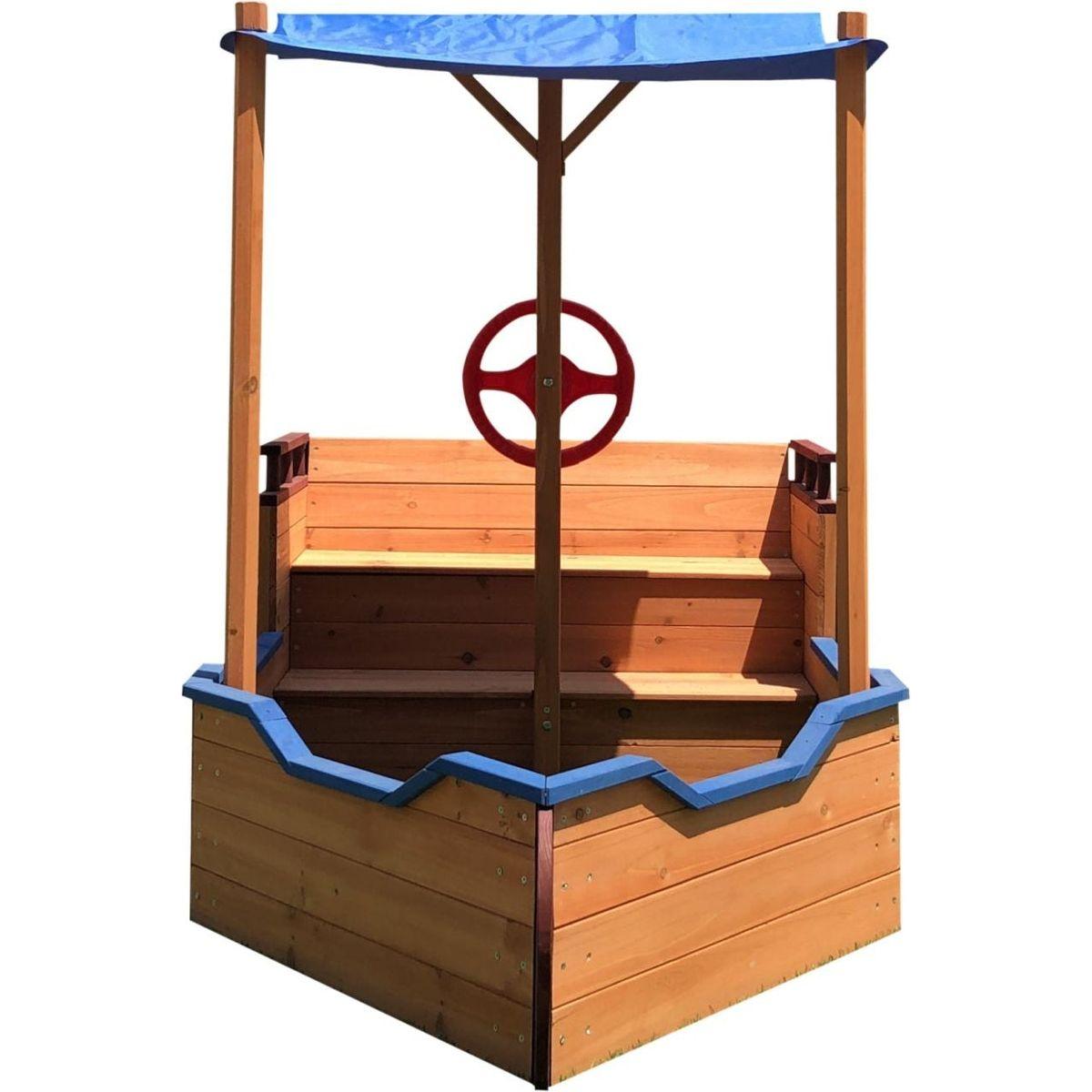 Pirate Ship Sandbox with Cover and Rudder, Wooden Sandbox with Storage Bench and Seat, Outdoor Toy for Kids Ages 3-8 Years Old