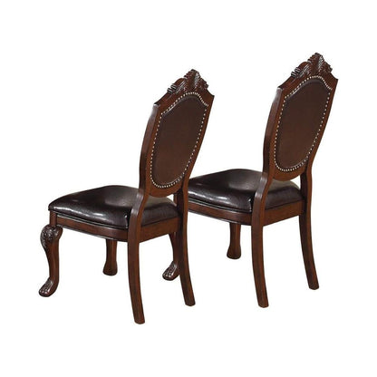 Royal Majestic Formal Set of 2 Side Chairs Brown Color Rubberwood Dining Room Furniture Intricate Design Faux Leather Upholstered Seat