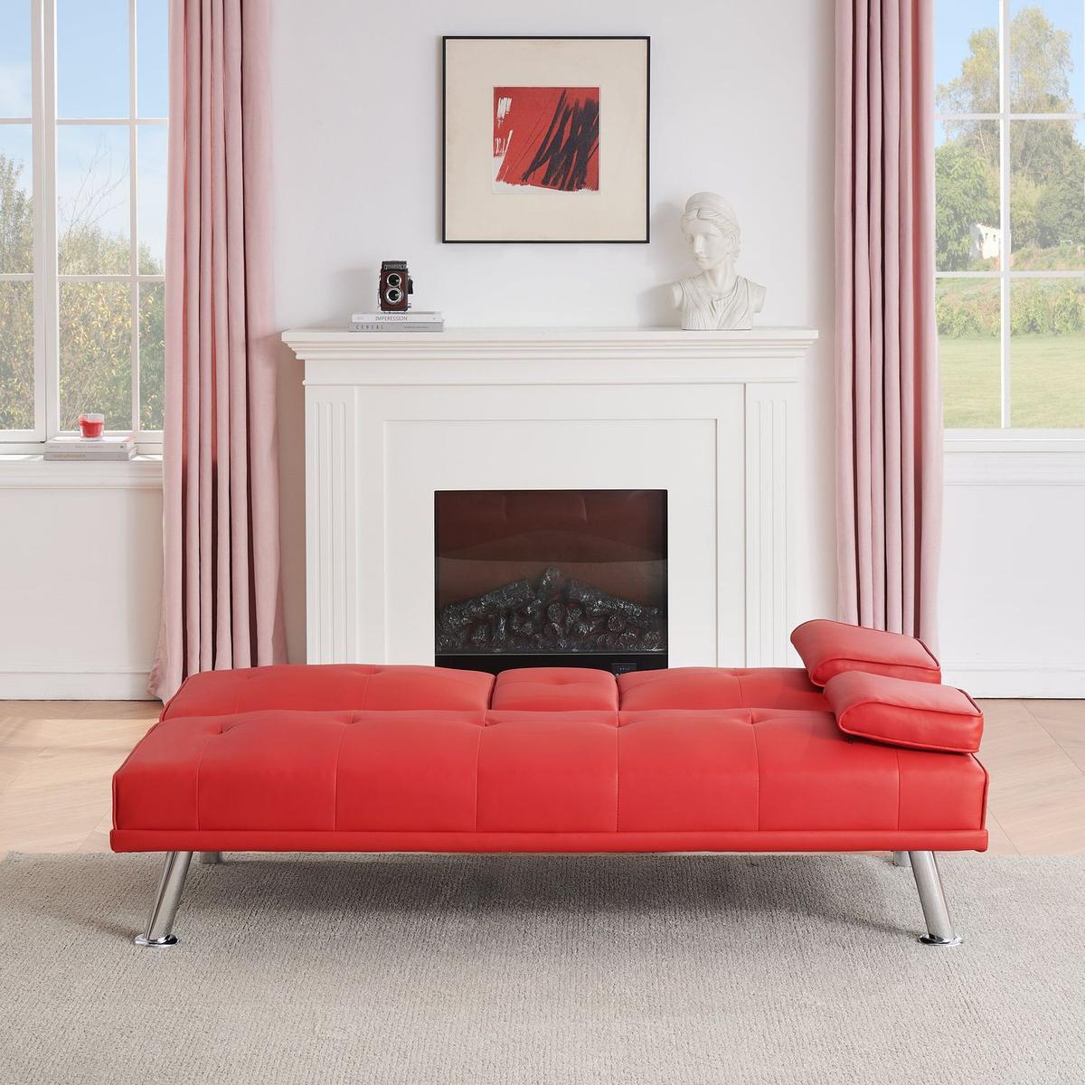 67" Red Leather Multifunctional Double Folding Sofa Bed for Office with Coffee Table