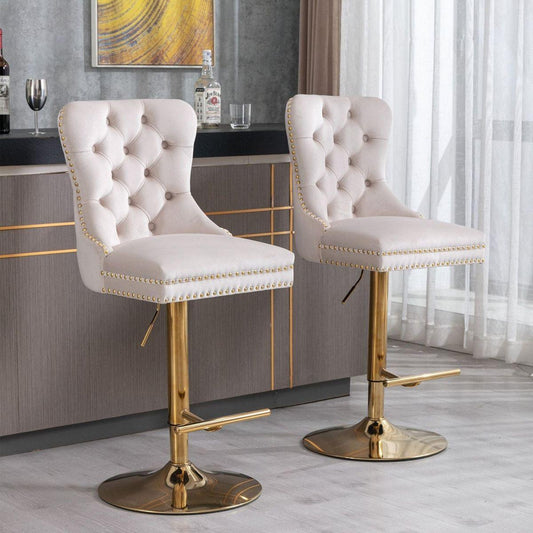 Furniture, Thick Golden Swivel Velvet Barstools Adjusatble Seat Height from 27-35 Inch, Modern Upholstered Bar Stools with Backs Comfortable Tufted for Home Pub and Kitchen Island (Beige, Set of 2) - Streamdale Furniture