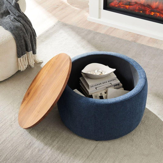 Round Storage Ottoman, 2 in 1 Function, Work as End table and Ottoman, Navy (25.5"x25.5"x14.5") - Streamdale Furniture