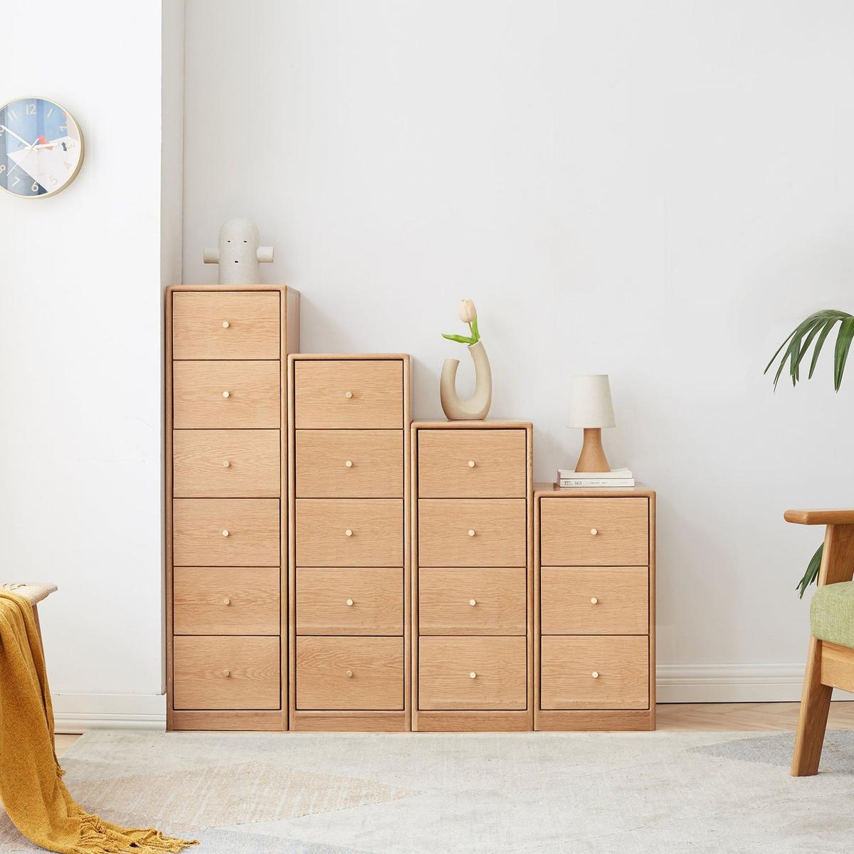 Solid Oak Bedside Table Storage Cabinet for Living Room - Free-Standing Corner Cabinets Storage Table-Four Drawers