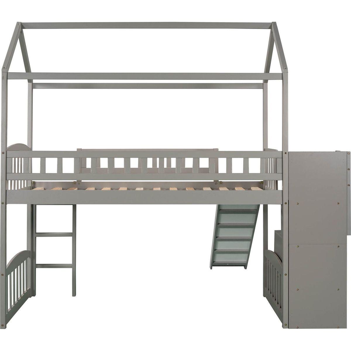 Twin Loft Bed with Two Drawers and Slide, House Bed with Slide, Gray