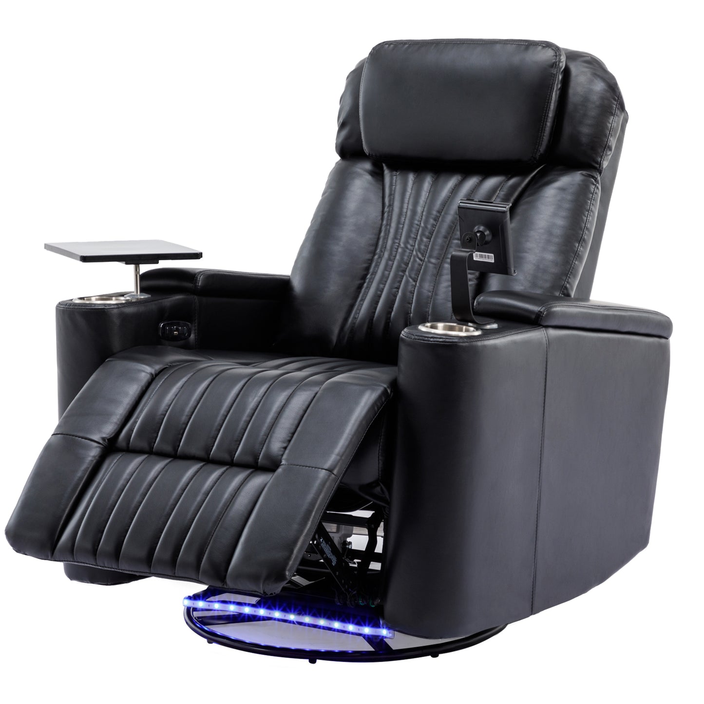 270 degree Power Swivel Recliner, Home Theater Seating With Hidden Arm Storage and LED Light Strip, Cup Holder, 360 degree Swivel Tray Table, and Cell Phone Holder, Soft Living Room Chair, Black