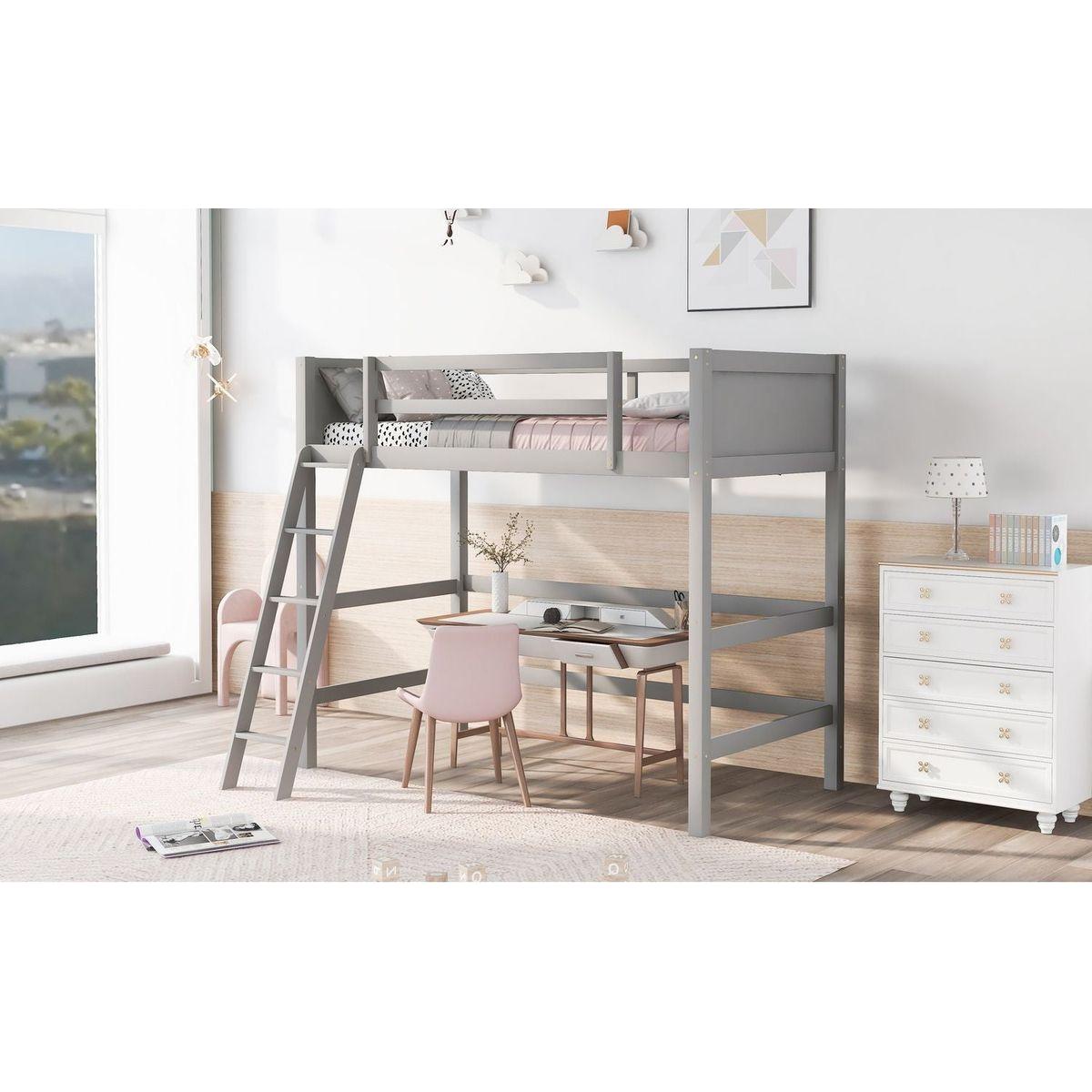 Solid Wood Twin Size Loft Bed with Ladder (Gray)