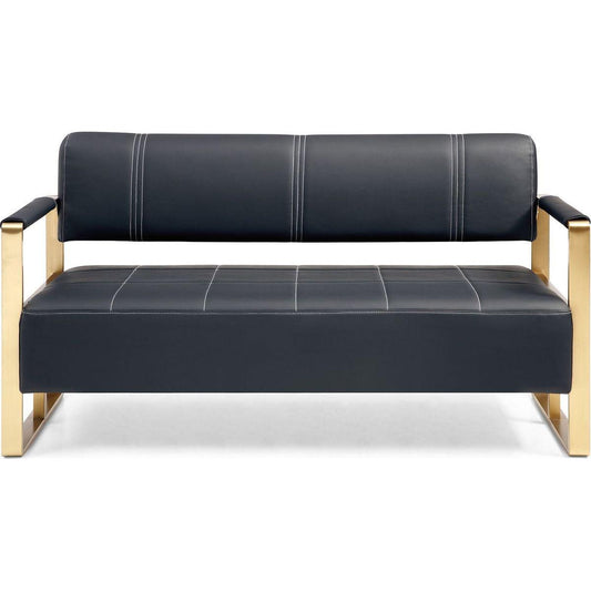57.9" Width Modern Upholstery Faux Bonded Leather Loveseat Sofa for Living Room Accent Love Seats for Small Spaces 2 Seater Couch Sofa Office Apartment Studio Furniture with Golden Metal Arms,Black