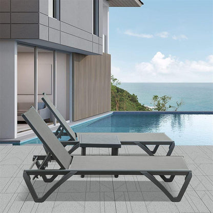 Patio Chaise Lounge Chair Set of 3, Outdoor Aluminum Polypropylene Sunbathing Chair with 5 Adjustable Position, Side Table for Beach, Yard, Balcony, Poolside (Grey, 2 Lounge Chair+1 Table)