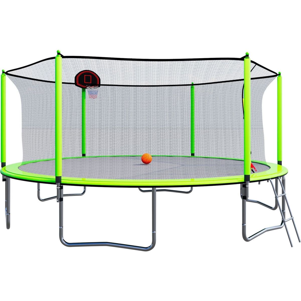 15FT Trampoline with Basketball Hoop Inflator and Ladder(Inner Safety Enclosure) Green
