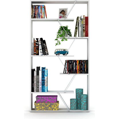 Furnish Home Store Wood Frame Etagere Open Back 6 Shelves Bookcase Industrial Bookshelf for Office and Living Rooms Modern Bookcases Large Bookshelf Organizer, White/Chrome