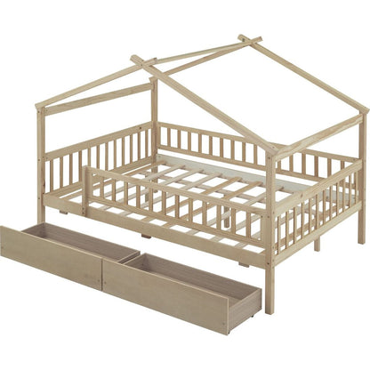 Full Size Wooden House Bed with Two Drawers, Natural