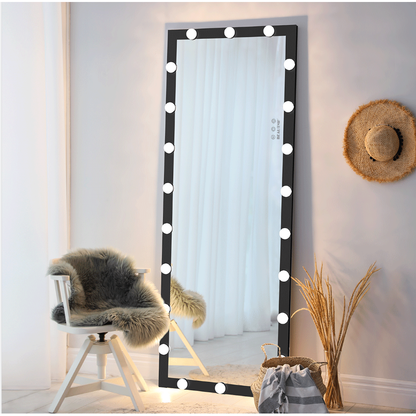 Hollywood Full Length Mirror with Lights Full Body Vanity Mirror with 3 Color Modes Lighted Standing Floor Mirror for Dressing Room Bedroom Wall Mounted Touch Control Black 63x24inch - Streamdale Furniture