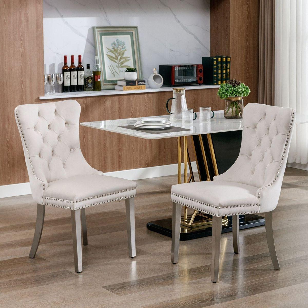 Nikki Collection Modern, High-end Tufted Solid Wood Contemporary Velvet Upholstered Dining Chair with Chrome Stainless Steel Plating Legs, Nailhead Trim, Set of 2eige and Chrome