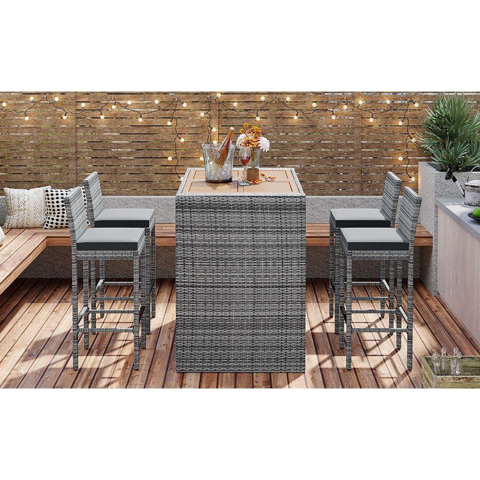 GO 5-pieces Outdoor Patio Wicker Bar Set, Bar Height Chairs With Non-Slip Feet And Fixed Rope, Removable Cushion, Acacia Wood Table Top, Brown Wood And Gray Wicker