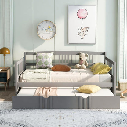 Full Size Daybed Wood Bed with Twin Size Trundle, Gray