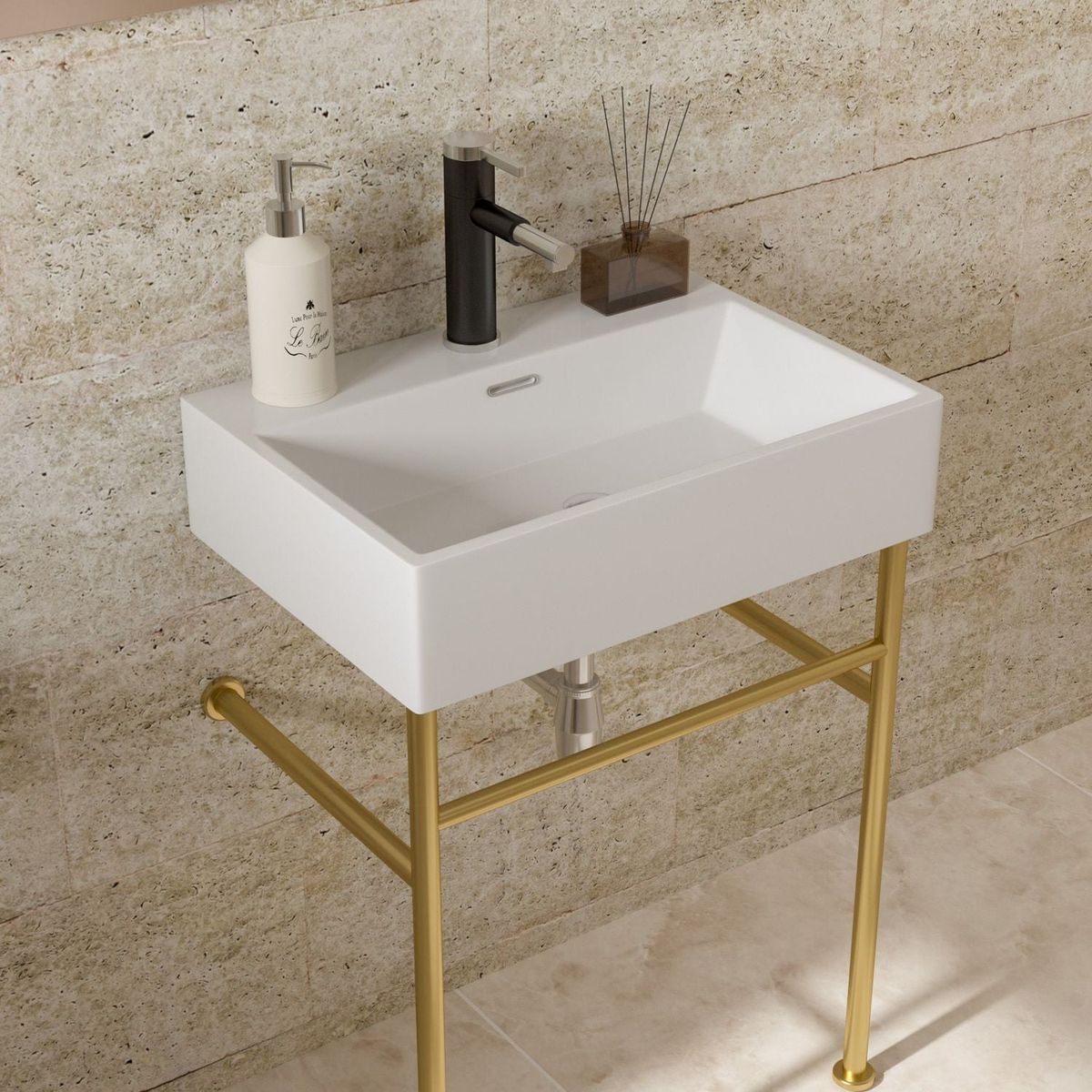 24" Bathroom Console Sink with Overflow, Ceramic Console Sink White Basin Gold Legs