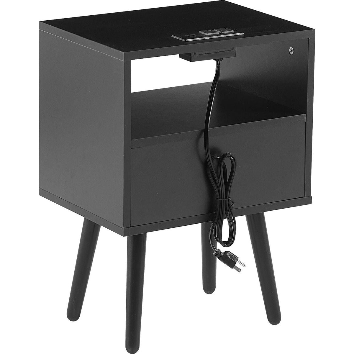 15.75" Rattan End table with Power Outlet & USB Ports, Modern nightstand with drawer and solid wood legs, side table for living roon, bedroom, black